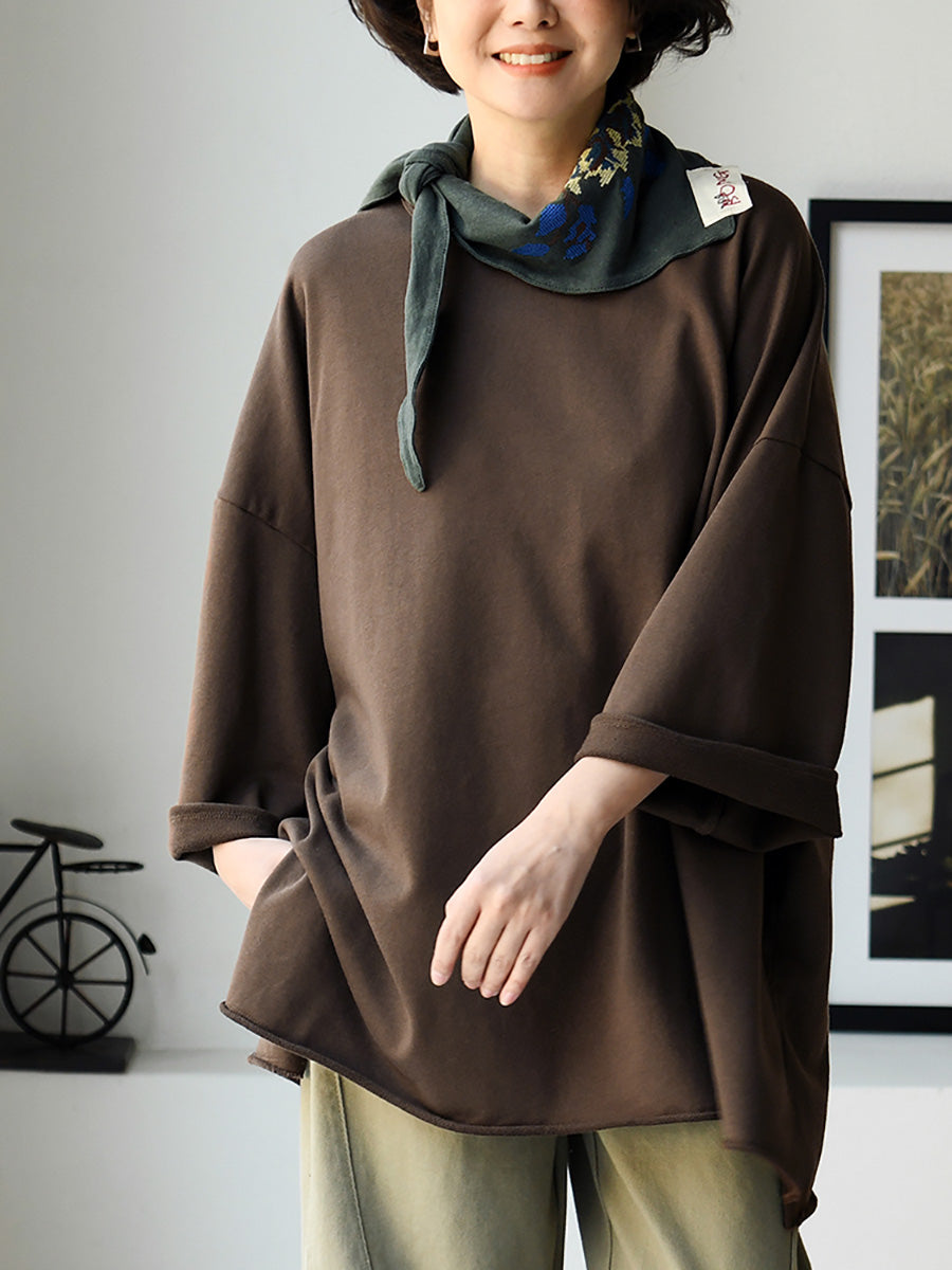 Plus Size Women Spring Casual Pure Color O-Neck Cotton Shirt