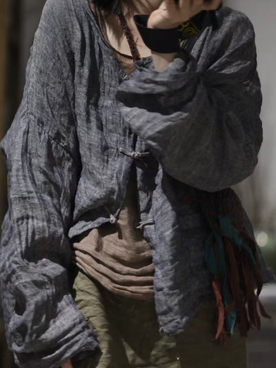 Women Summer Artsy V-Neck Pure Color Linen Cardigan Shirt