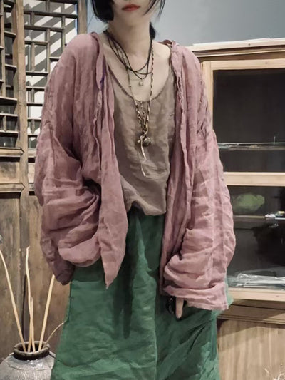 Women Summer Artsy V-Neck Pure Color Linen Cardigan Shirt