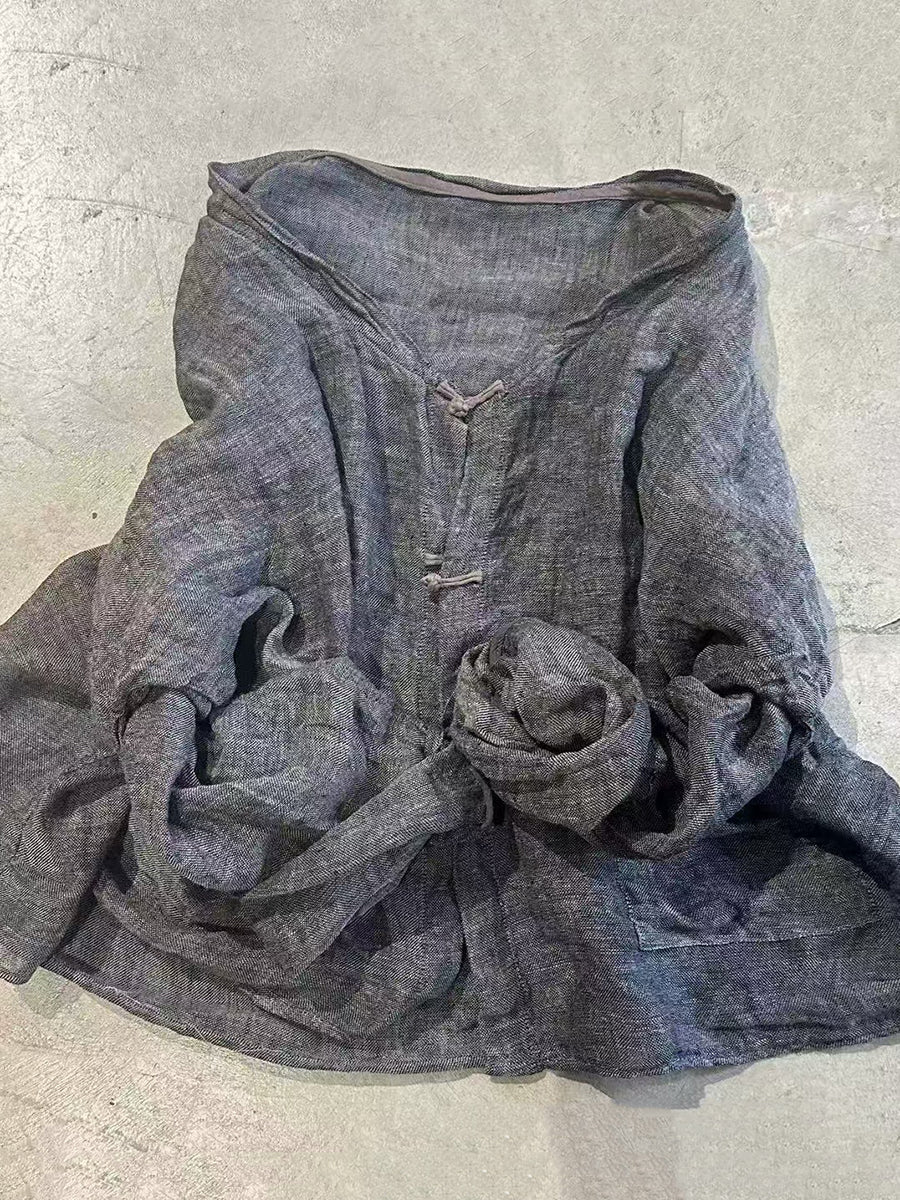 Women Summer Artsy V-Neck Pure Color Linen Cardigan Shirt