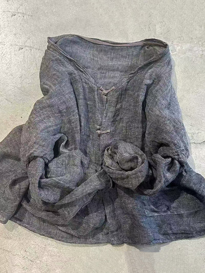 Women Summer Artsy V-Neck Pure Color Linen Cardigan Shirt