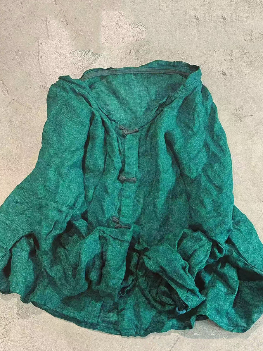 Women Summer Artsy V-Neck Pure Color Linen Cardigan Shirt