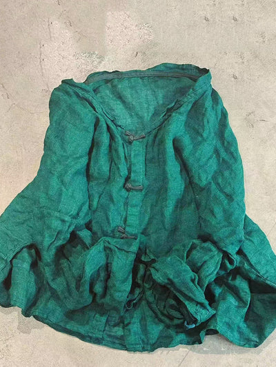 Women Summer Artsy V-Neck Pure Color Linen Cardigan Shirt