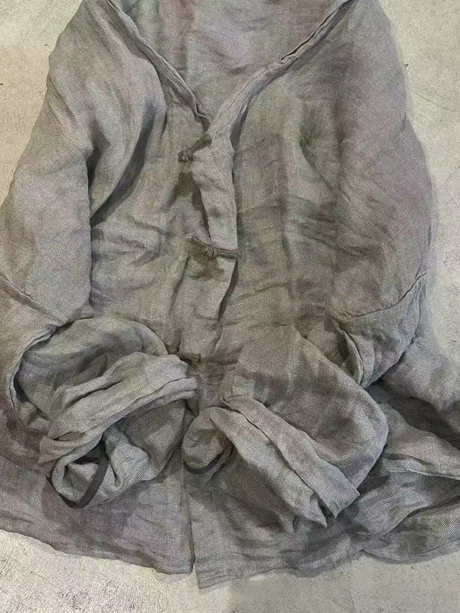 Women Summer Artsy V-Neck Pure Color Linen Cardigan Shirt