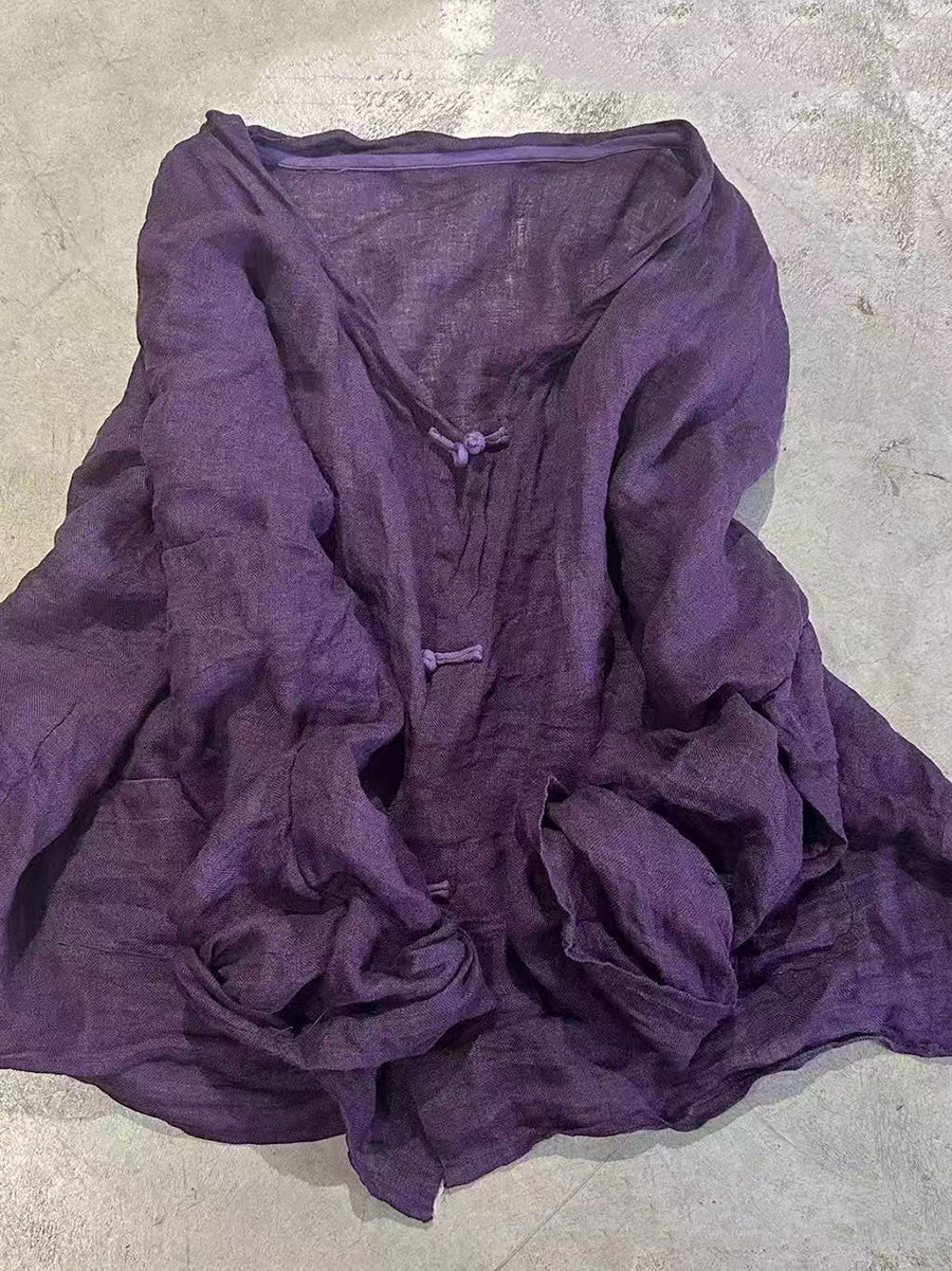 Women Summer Artsy V-Neck Pure Color Linen Cardigan Shirt