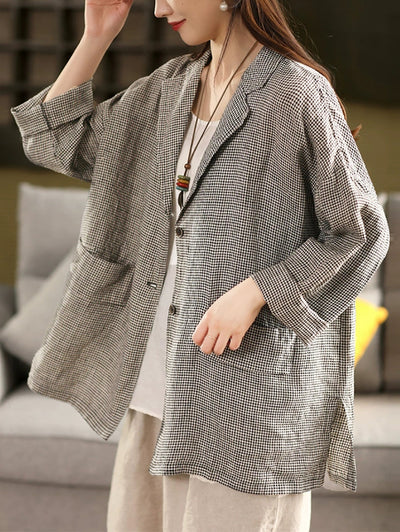 Plus Size Women Spring Vintage Lattice Turn-down Collar Linen Coat