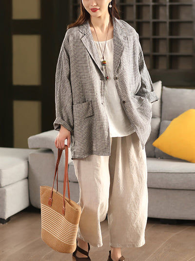 Plus Size Women Spring Vintage Lattice Turn-down Collar Linen Coat
