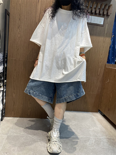 Plus Size Women Summer Casual Pure Color O-Neck Cotton Shirt