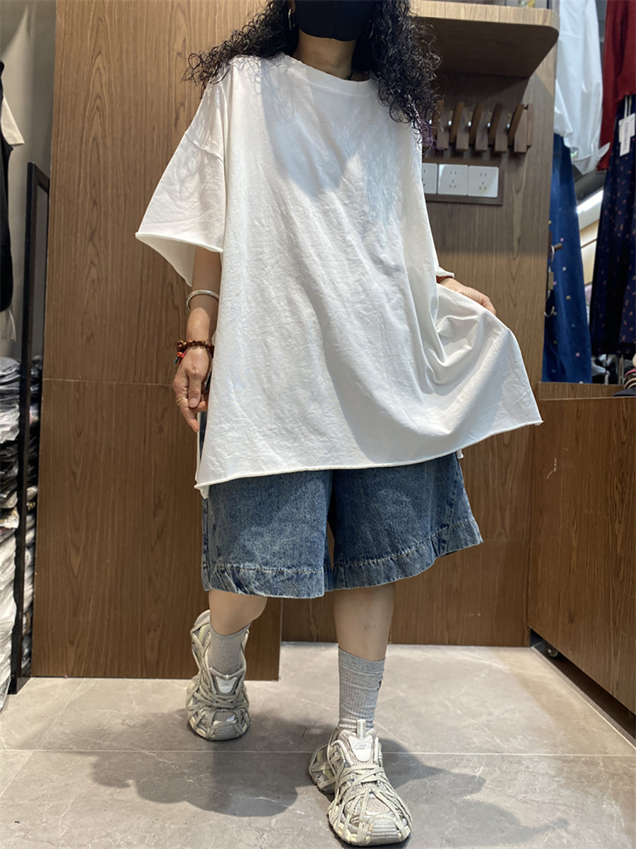 Plus Size Women Summer Casual Pure Color O-Neck Cotton Shirt