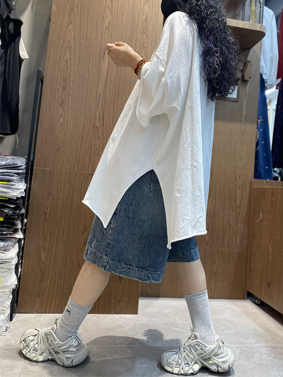 Plus Size Women Summer Casual Pure Color O-Neck Cotton Shirt