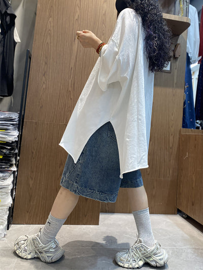 Plus Size Women Summer Casual Pure Color O-Neck Cotton Shirt