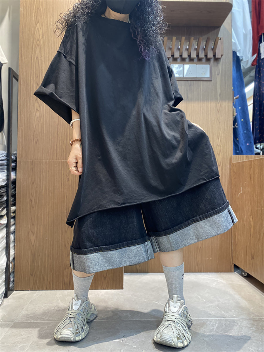 Plus Size Women Summer Casual Pure Color O-Neck Cotton Shirt