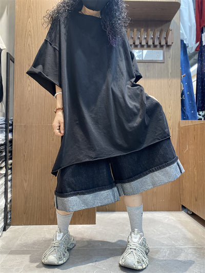 Plus Size Women Summer Casual Pure Color O-Neck Cotton Shirt