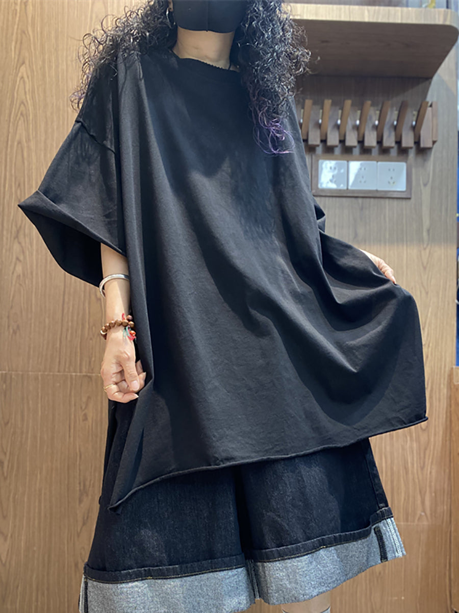 Plus Size Women Summer Casual Pure Color O-Neck Cotton Shirt