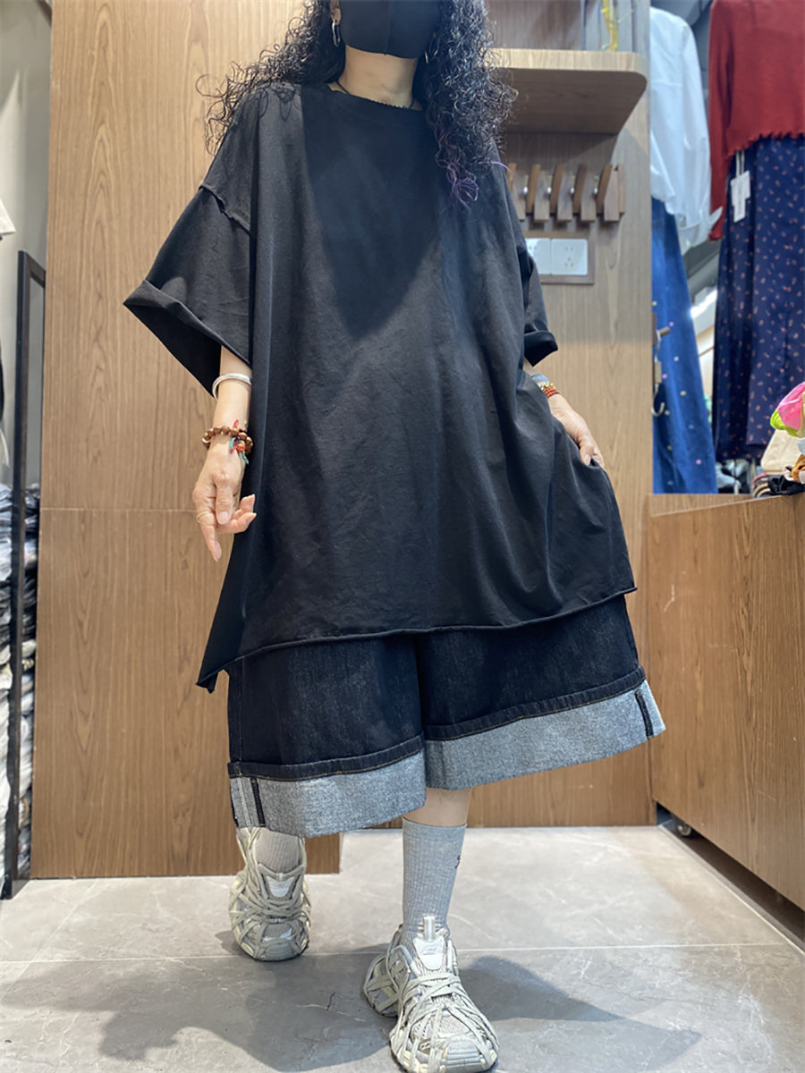 Plus Size Women Summer Casual Pure Color O-Neck Cotton Shirt