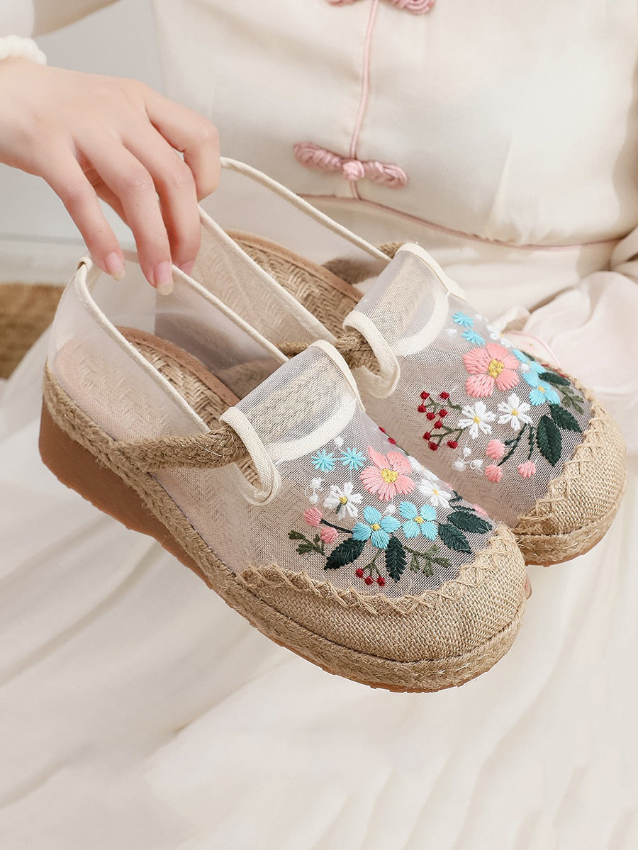 Women Summer Ethnic Flower Embroidery Platform Shoes