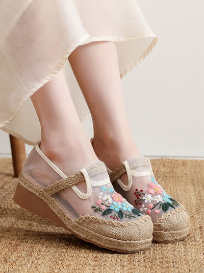 Women Summer Ethnic Flower Embroidery Platform Shoes