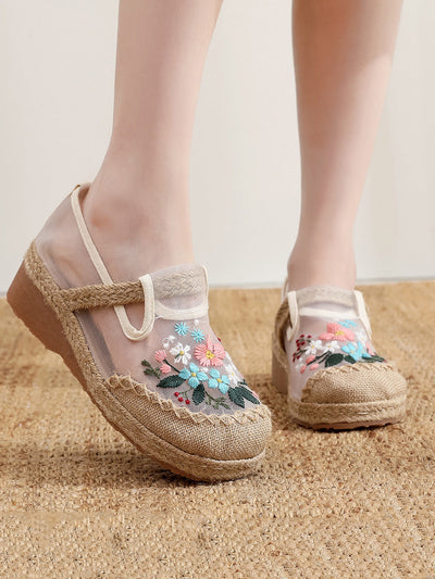 Women Summer Ethnic Flower Embroidery Platform Shoes