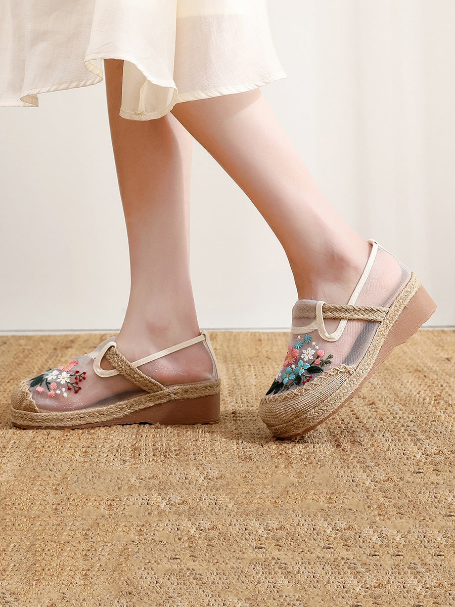 Women Summer Ethnic Flower Embroidery Platform Shoes
