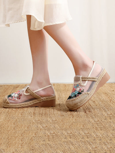 Women Summer Ethnic Flower Embroidery Platform Shoes