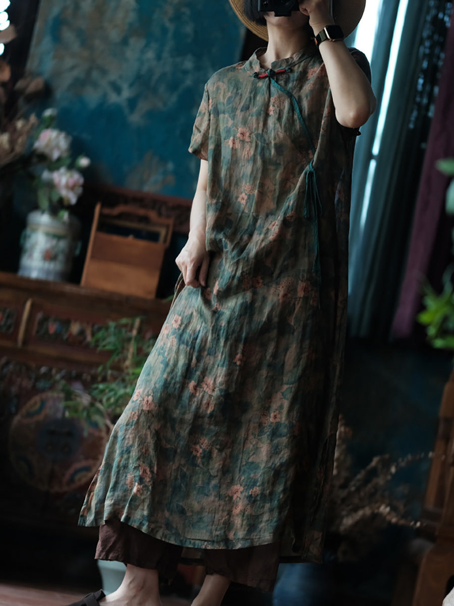 Women Summer Artsy Flower Stand Collar Linen Dress