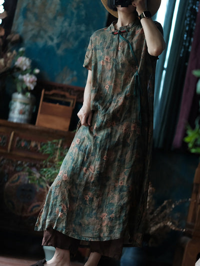 Women Summer Artsy Flower Stand Collar Linen Dress