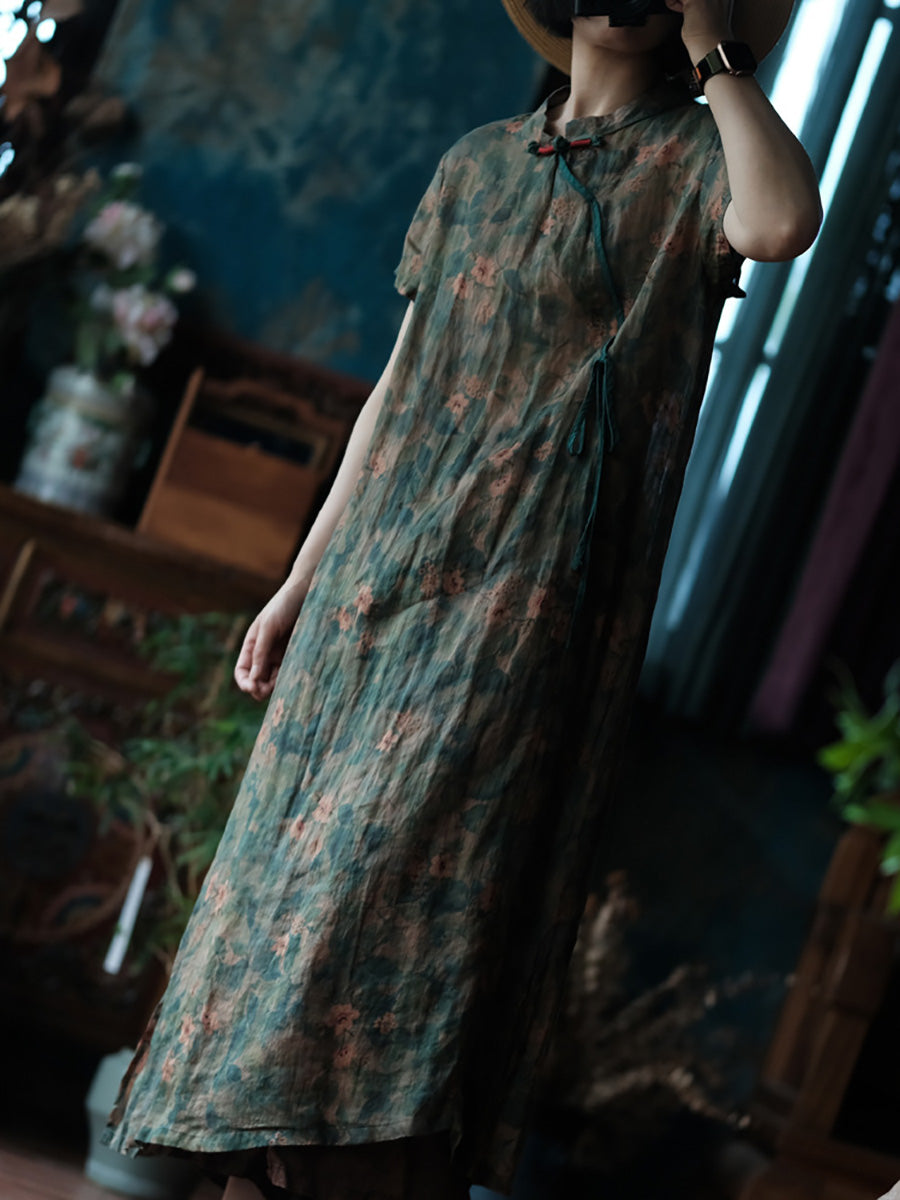 Women Summer Artsy Flower Stand Collar Linen Dress