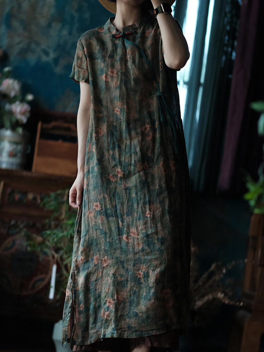 Women Summer Artsy Flower Stand Collar Linen Dress