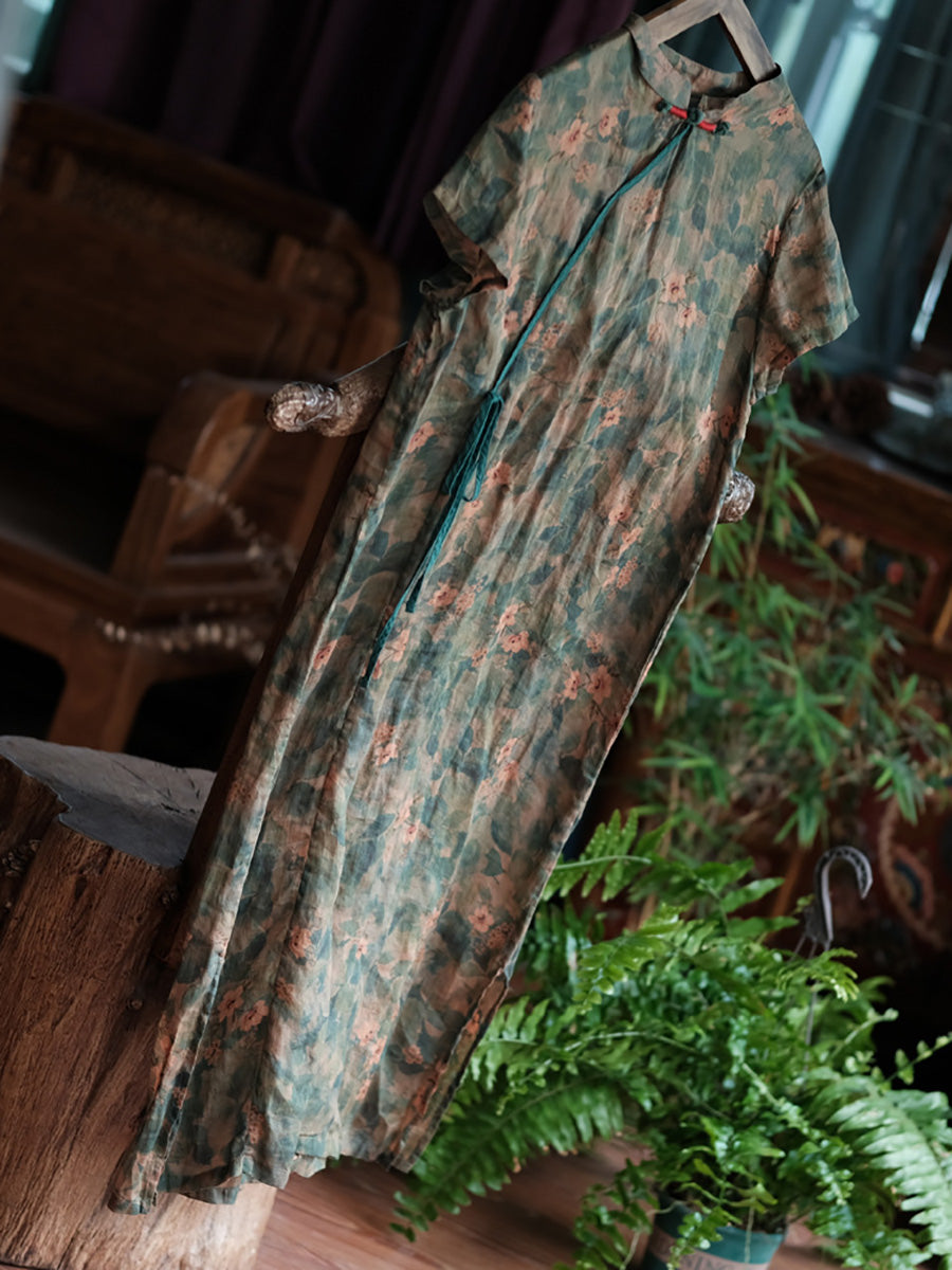 Women Summer Artsy Flower Stand Collar Linen Dress