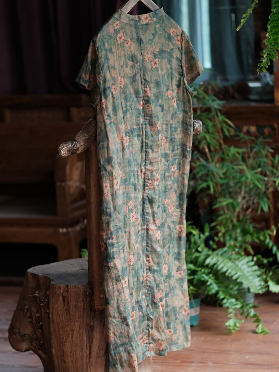 Women Summer Artsy Flower Stand Collar Linen Dress