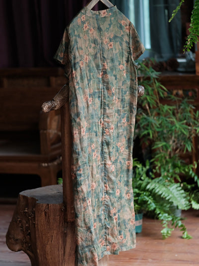 Women Summer Artsy Flower Stand Collar Linen Dress