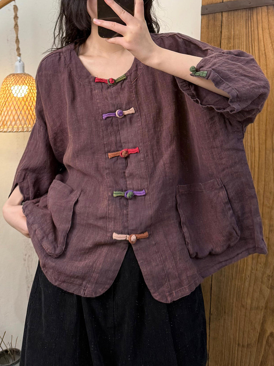 Women Summer Retro Colorful Button O-Neck 100%Linen Shirt