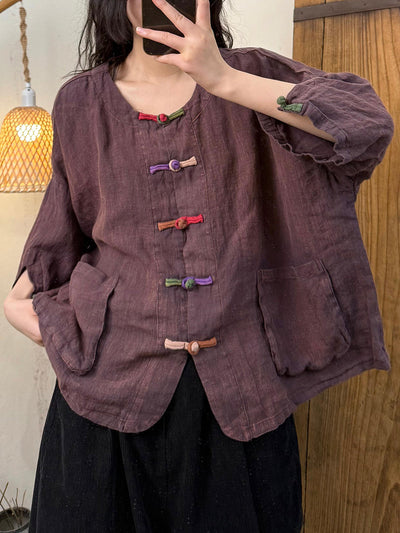 Women Summer Retro Colorful Button O-Neck 100%Linen Shirt