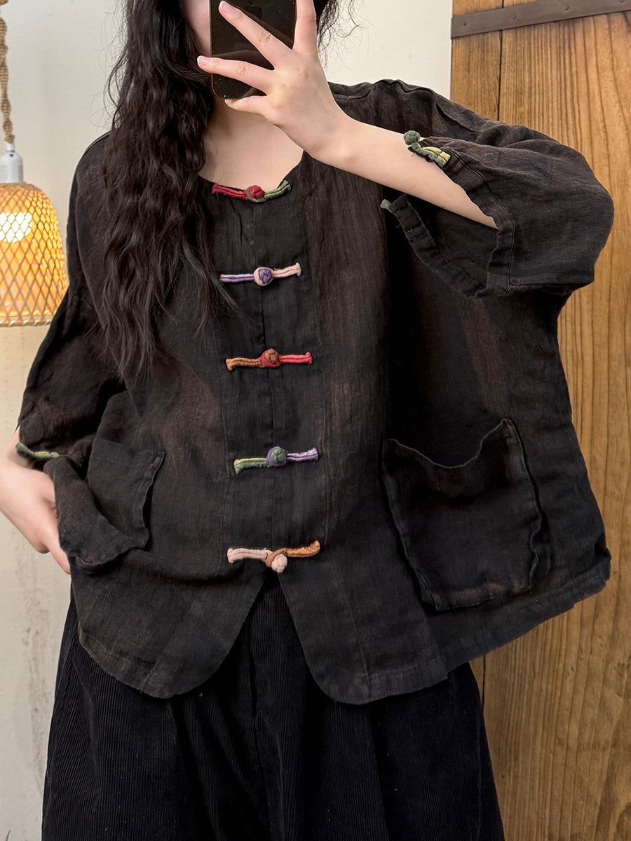 Women Summer Retro Colorful Button O-Neck 100%Linen Shirt