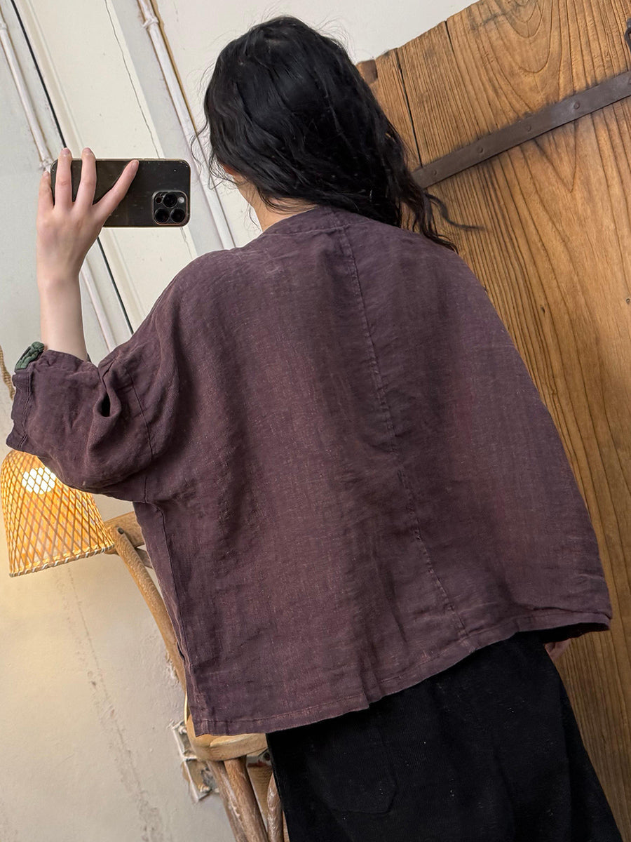 Women Summer Retro Colorful Button O-Neck 100%Linen Shirt