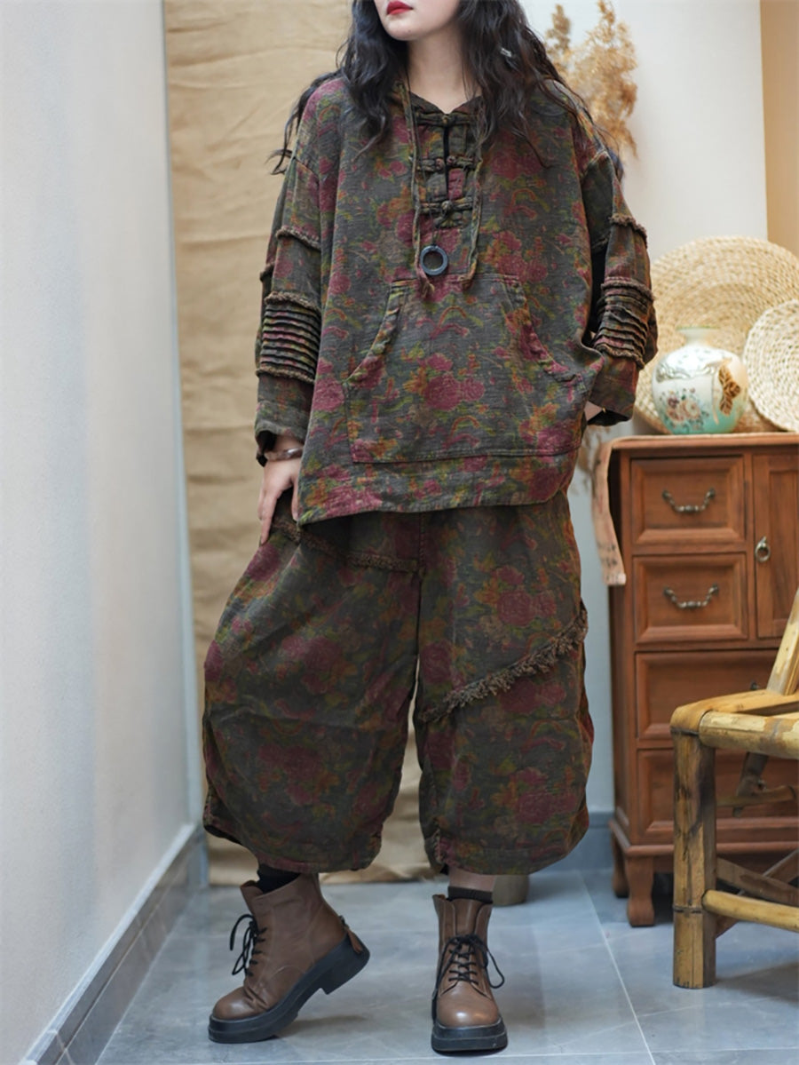Women Spring Vintage Flower Loose Hooded Suits