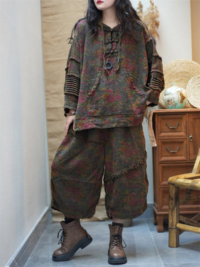 Women Spring Vintage Flower Loose Hooded Suits