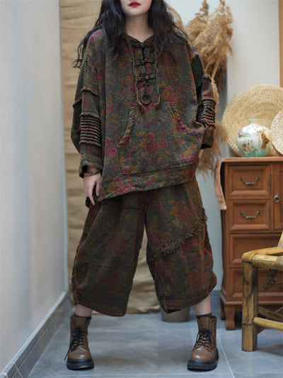 Women Spring Vintage Flower Loose Hooded Suits