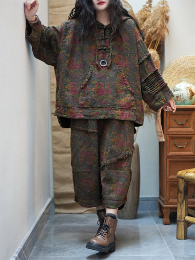 Women Spring Vintage Flower Loose Hooded Suits
