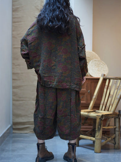 Women Spring Vintage Flower Loose Hooded Suits