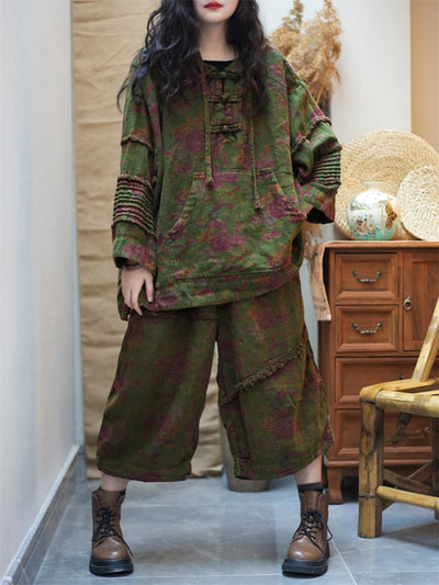 Women Spring Vintage Flower Loose Hooded Suits