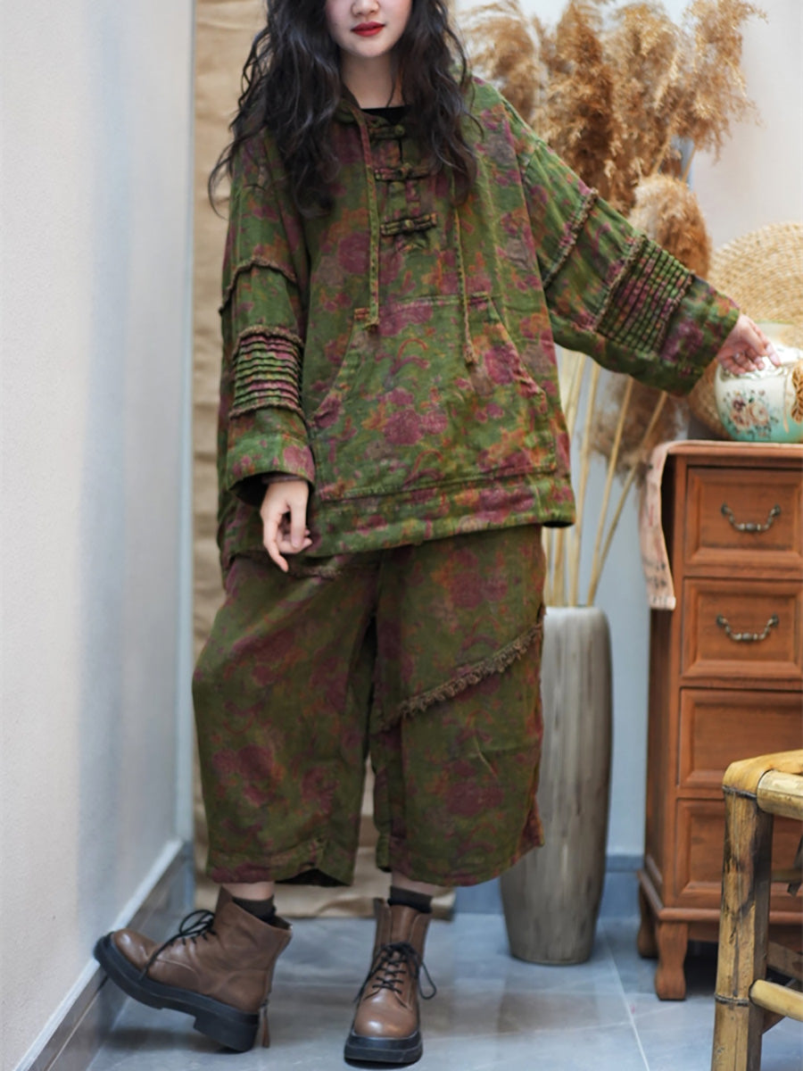 Women Spring Vintage Flower Loose Hooded Suits