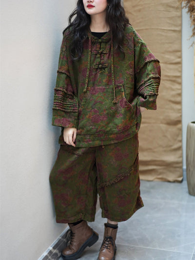Women Spring Vintage Flower Loose Hooded Suits