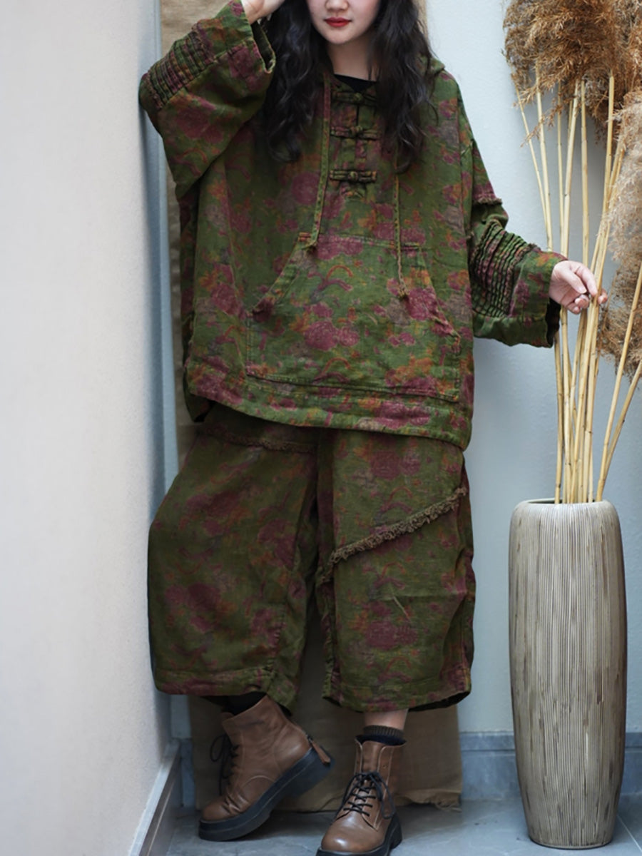 Women Spring Vintage Flower Loose Hooded Suits