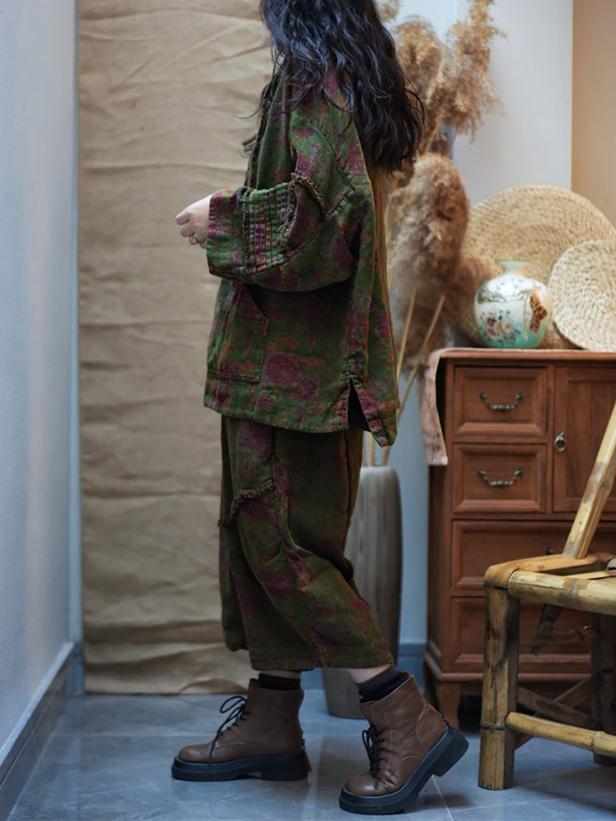 Women Spring Vintage Flower Loose Hooded Suits