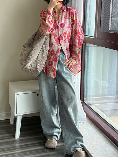 Plus Size Women Summer Artsy Flower Turn-down Collar Shirt