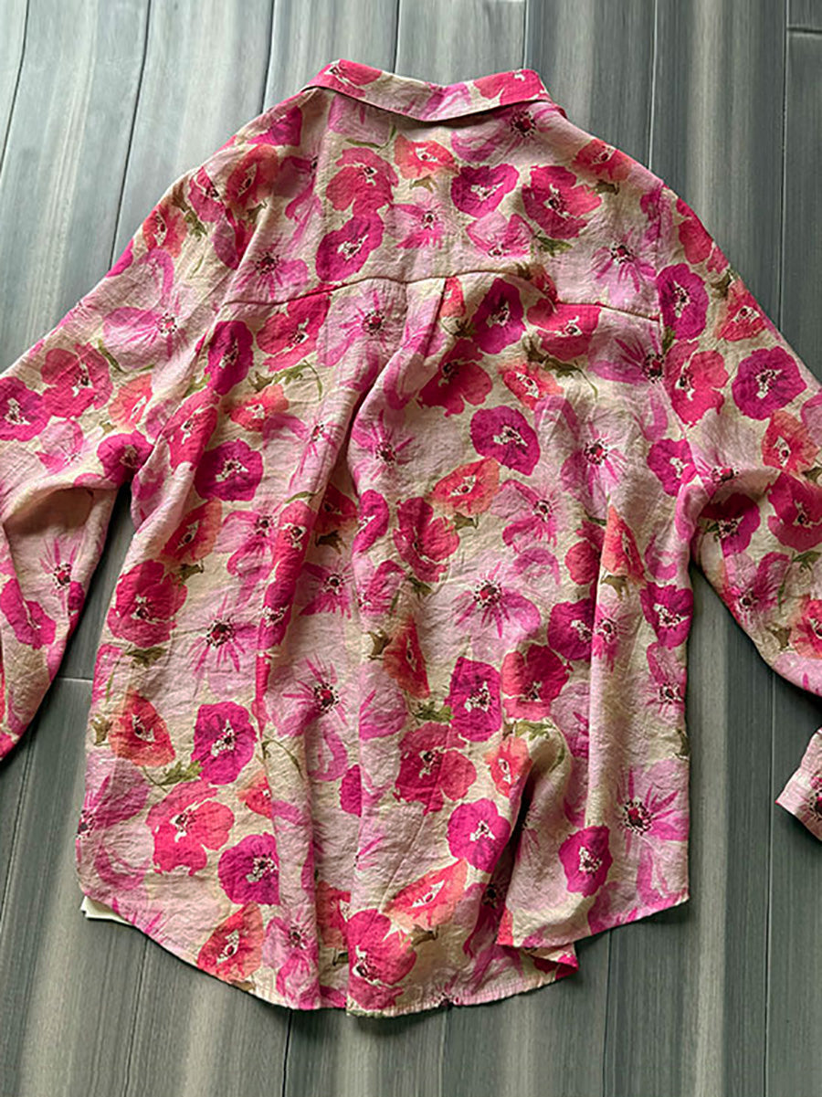 Plus Size Women Summer Artsy Flower Turn-down Collar Shirt