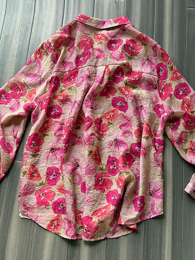 Plus Size Women Summer Artsy Flower Turn-down Collar Shirt