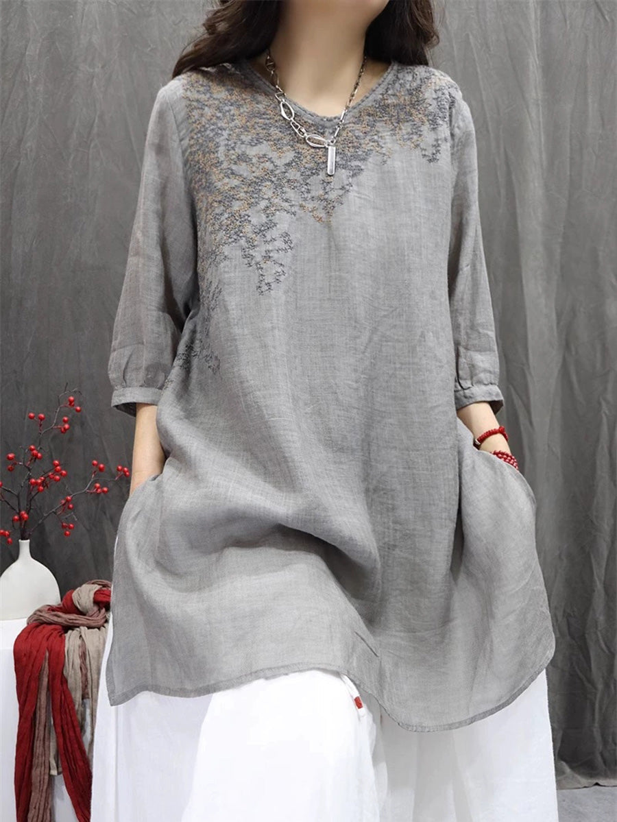 Women Summer Retro Embroidery O-Neck 100%Ramie Shirt