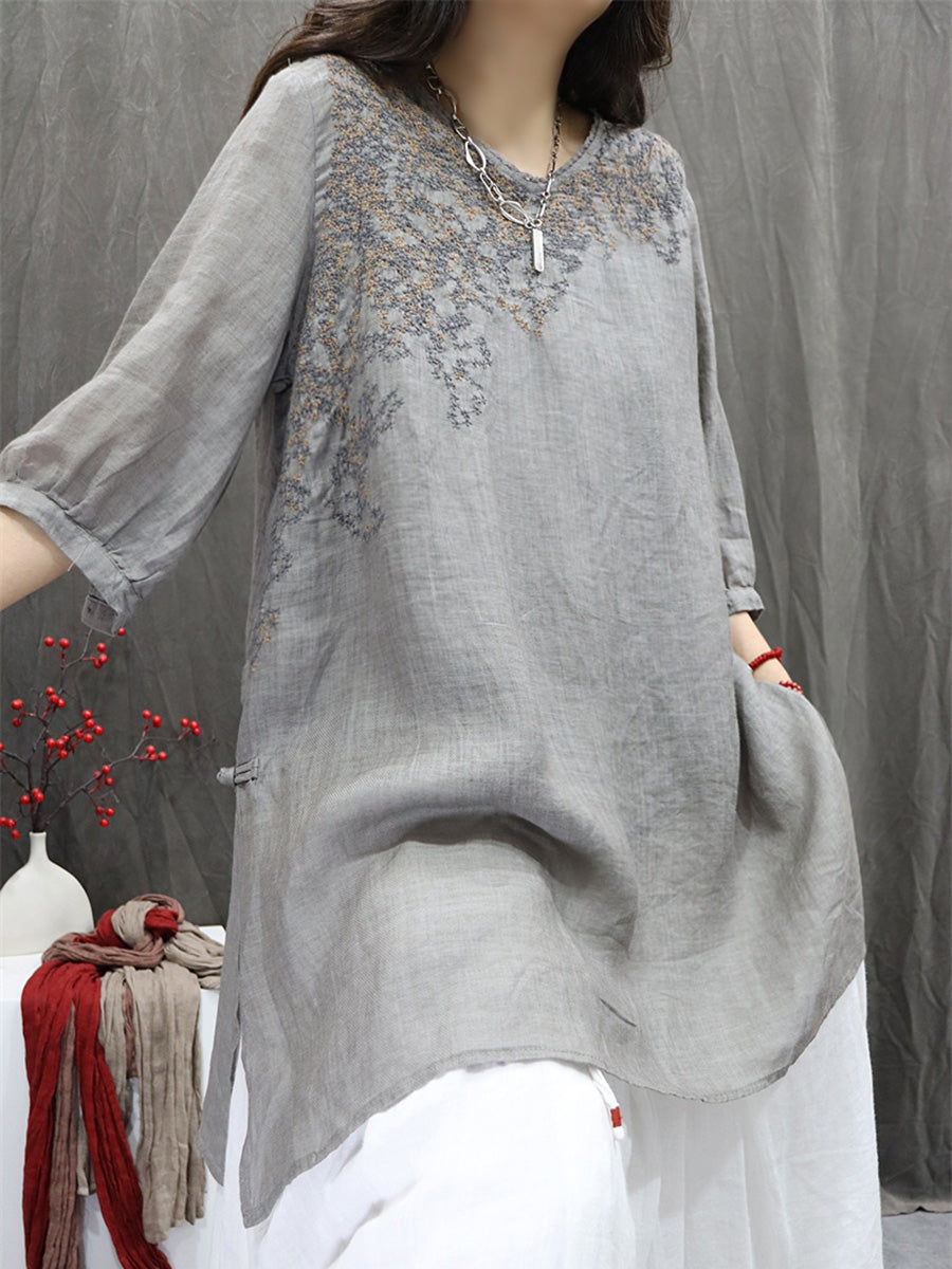 Women Summer Retro Embroidery O-Neck 100%Ramie Shirt